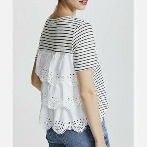 Joie Mikiyo Eyelet Striped Lace Scallop Tiered Back Linen Boho Top Medium